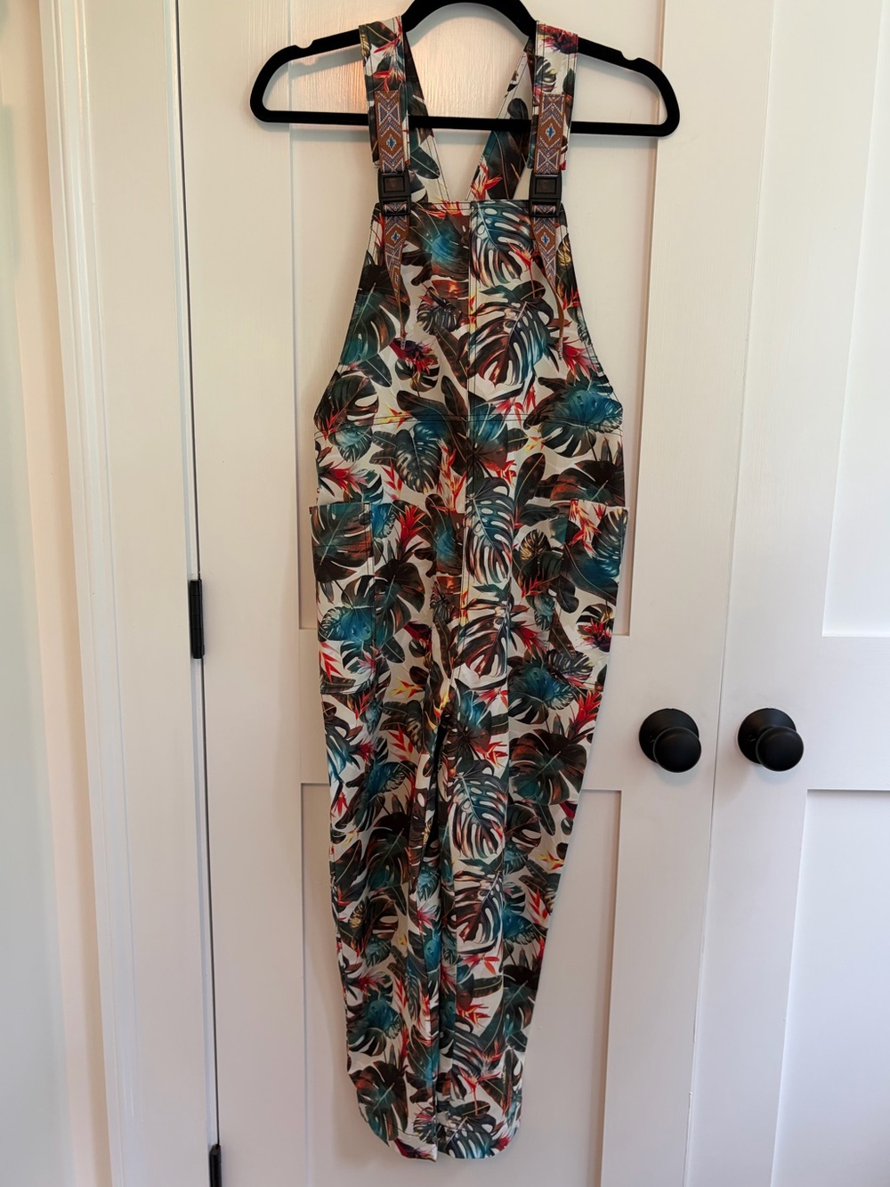 Kavu Tropical Leaf Print Overalls in Teal, Green, Cream & Red